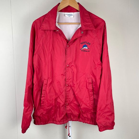 Mens Vintage NYLONS USA Red Snap Front Hustler Hatteras Embroidered Jacket Large - Picture 2 of 8